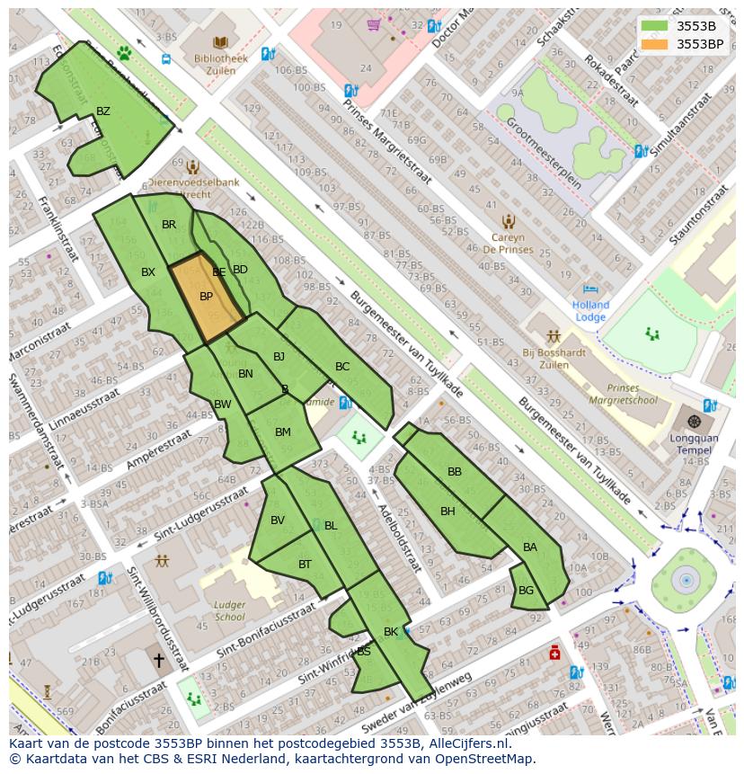 Afbeelding van het postcodegebied 3553 BP op de kaart.