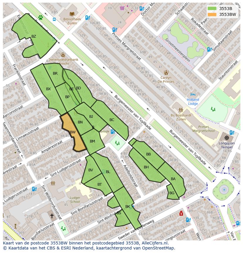 Afbeelding van het postcodegebied 3553 BW op de kaart.