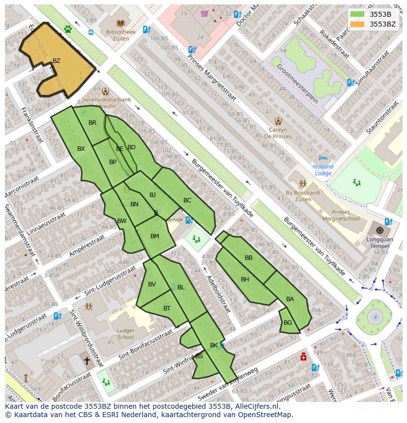 Afbeelding van het postcodegebied 3553 BZ op de kaart.