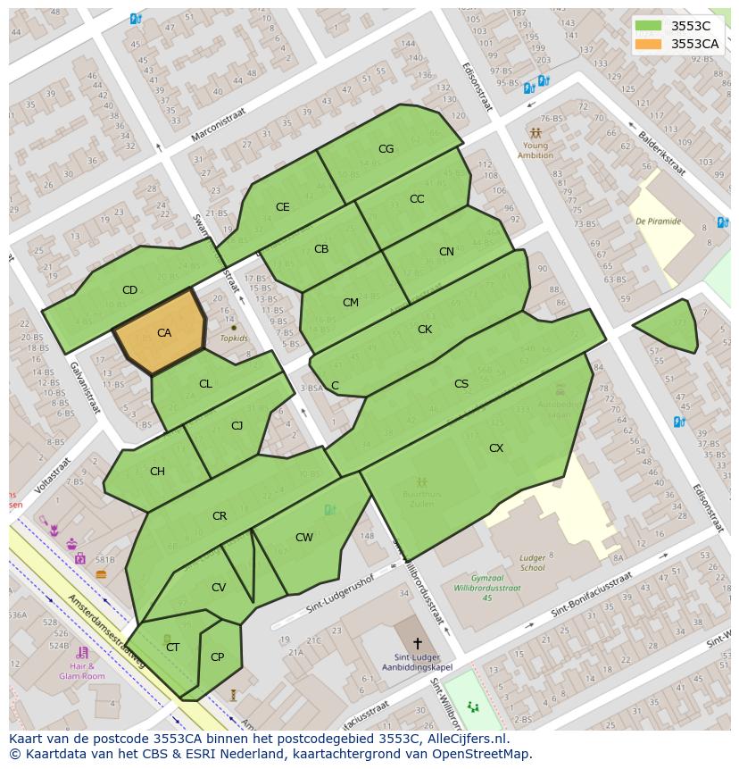 Afbeelding van het postcodegebied 3553 CA op de kaart.