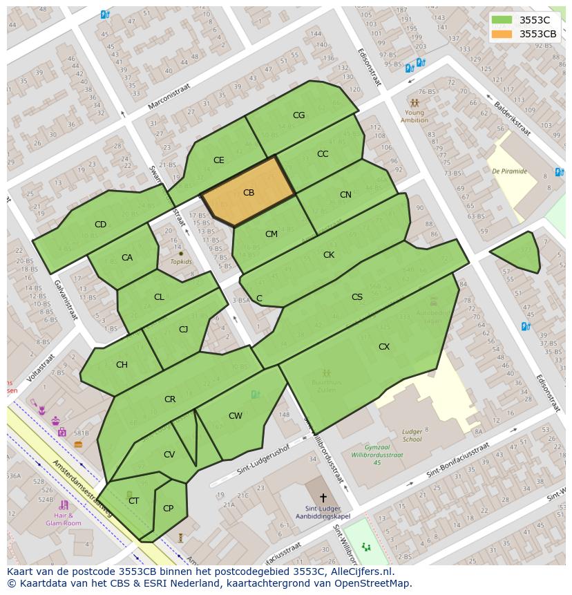 Afbeelding van het postcodegebied 3553 CB op de kaart.
