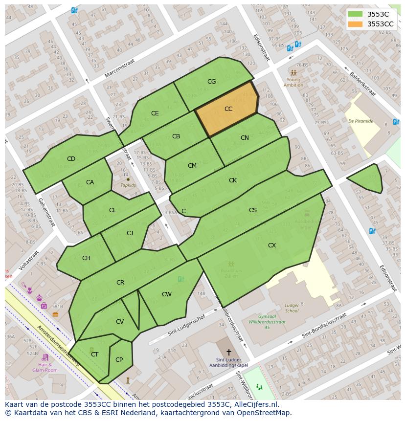 Afbeelding van het postcodegebied 3553 CC op de kaart.