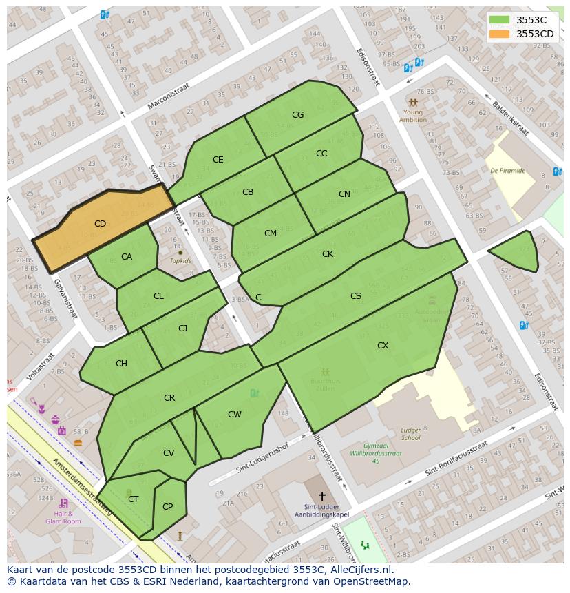 Afbeelding van het postcodegebied 3553 CD op de kaart.