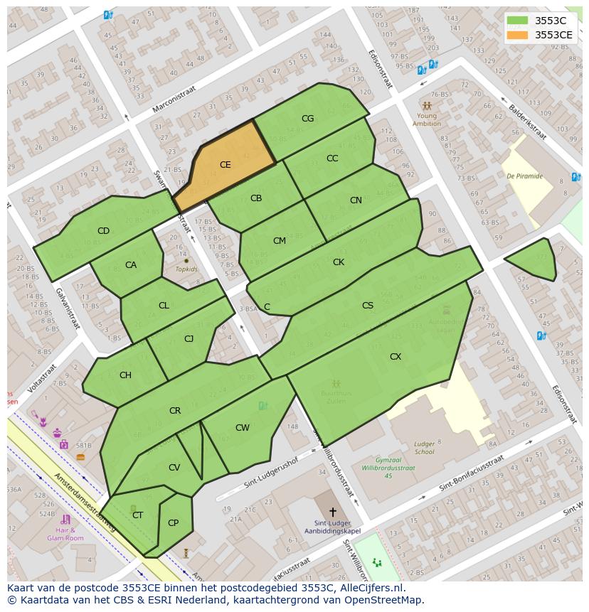 Afbeelding van het postcodegebied 3553 CE op de kaart.