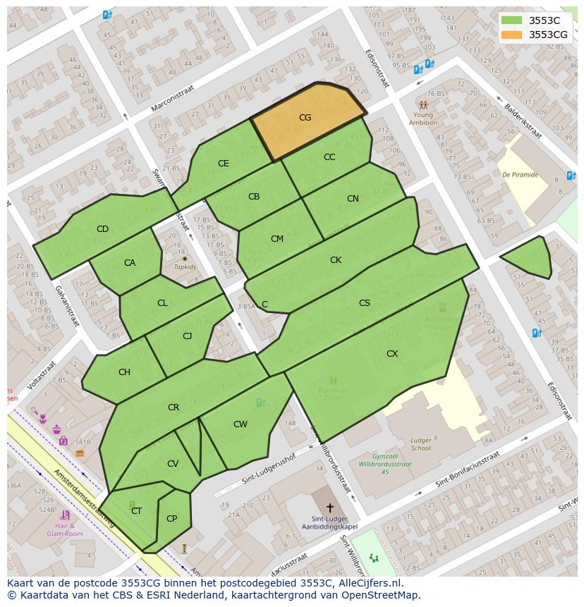 Afbeelding van het postcodegebied 3553 CG op de kaart.