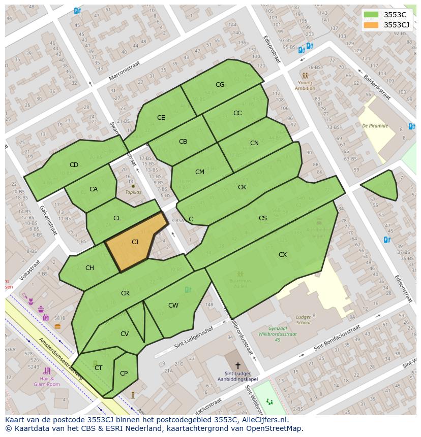 Afbeelding van het postcodegebied 3553 CJ op de kaart.