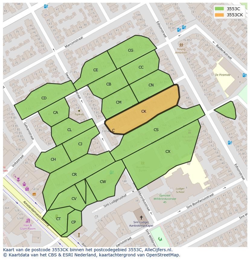 Afbeelding van het postcodegebied 3553 CK op de kaart.