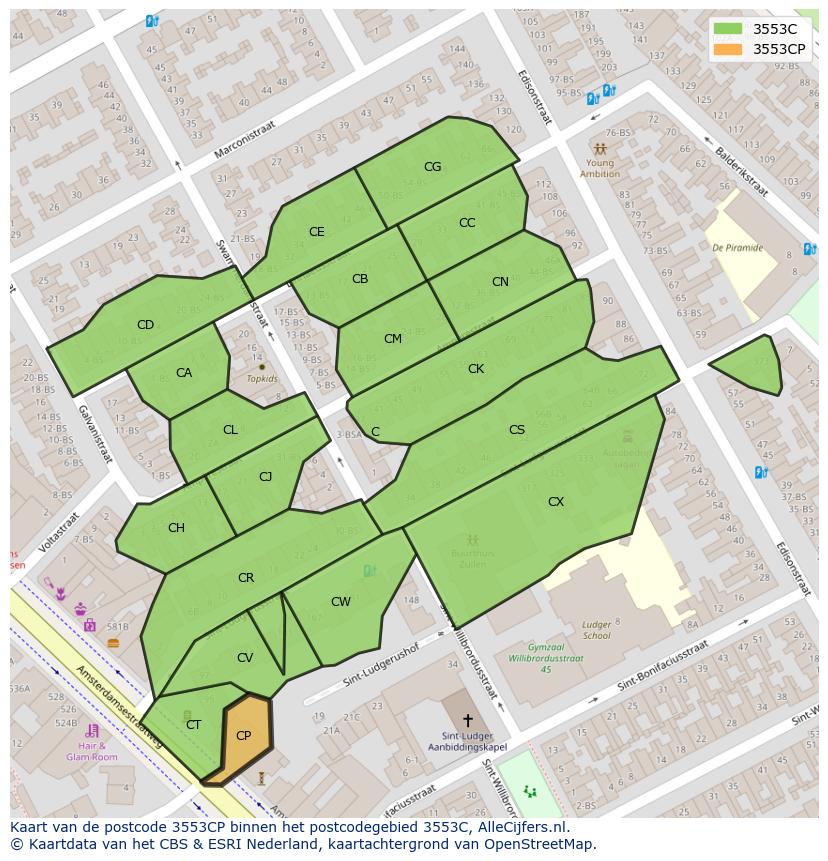 Afbeelding van het postcodegebied 3553 CP op de kaart.