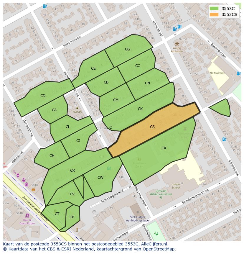 Afbeelding van het postcodegebied 3553 CS op de kaart.