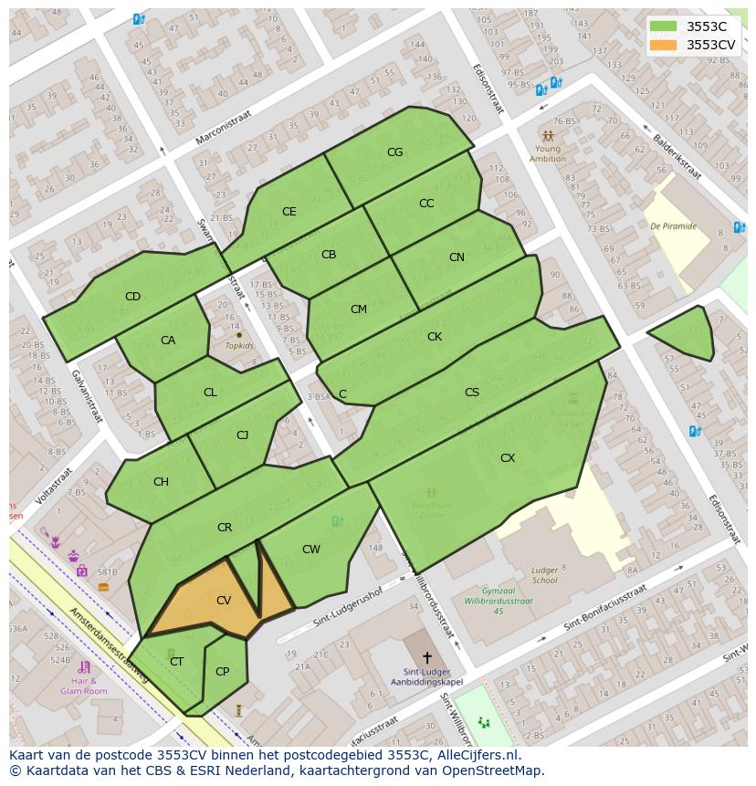 Afbeelding van het postcodegebied 3553 CV op de kaart.