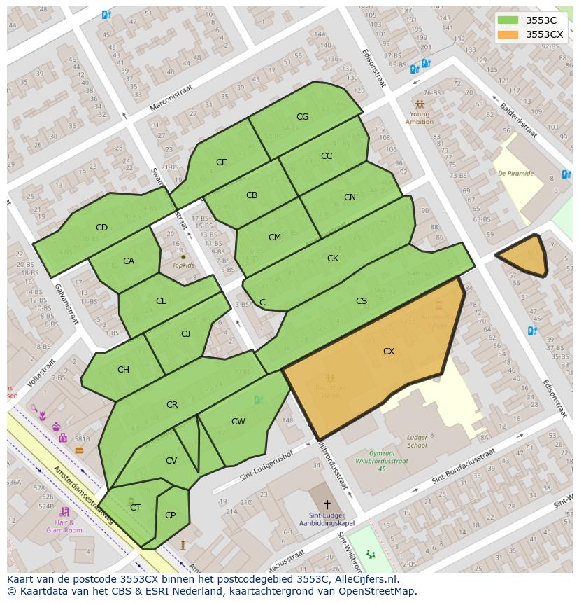 Afbeelding van het postcodegebied 3553 CX op de kaart.