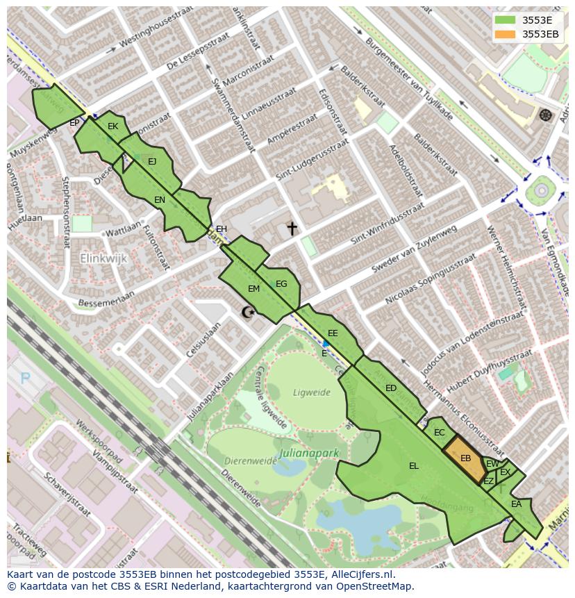Afbeelding van het postcodegebied 3553 EB op de kaart.