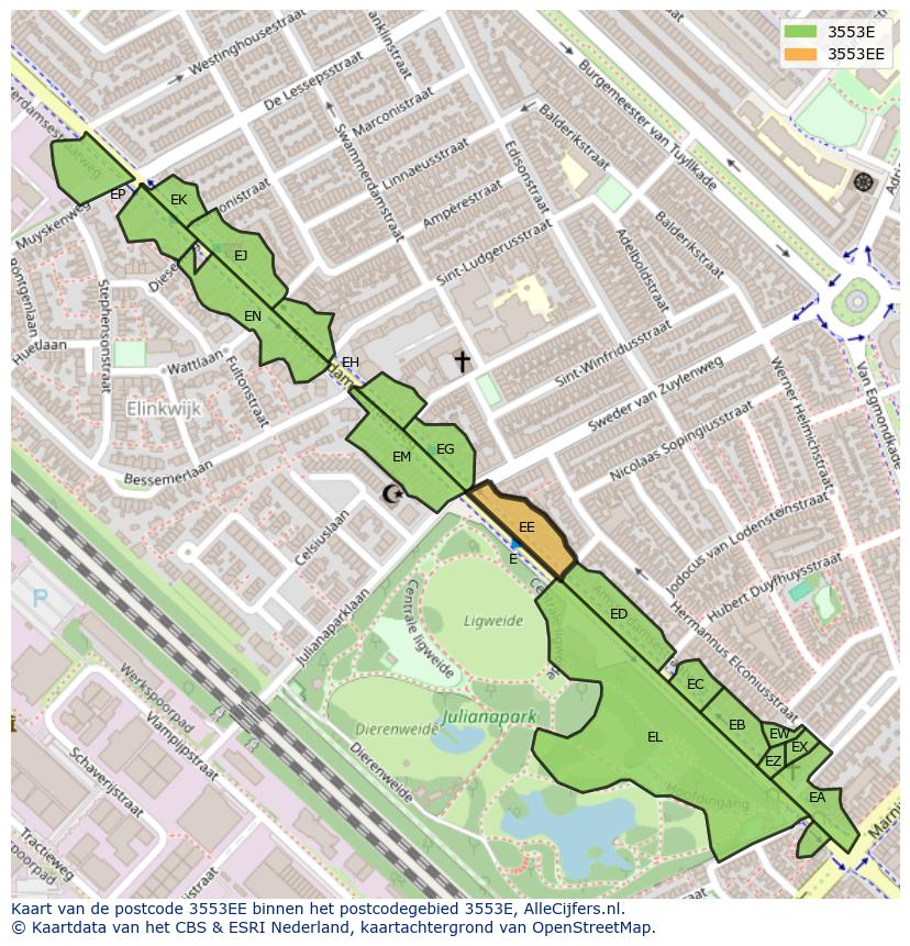 Afbeelding van het postcodegebied 3553 EE op de kaart.