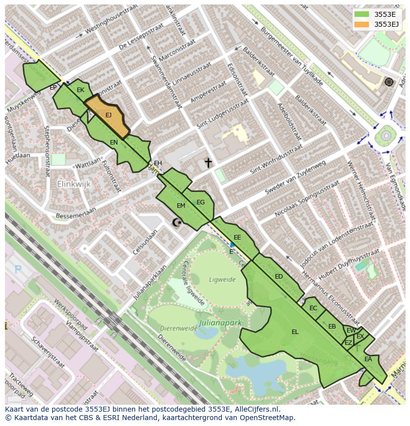 Afbeelding van het postcodegebied 3553 EJ op de kaart.
