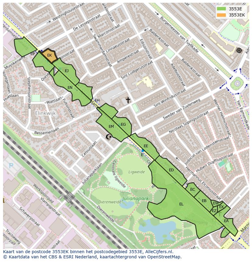 Afbeelding van het postcodegebied 3553 EK op de kaart.