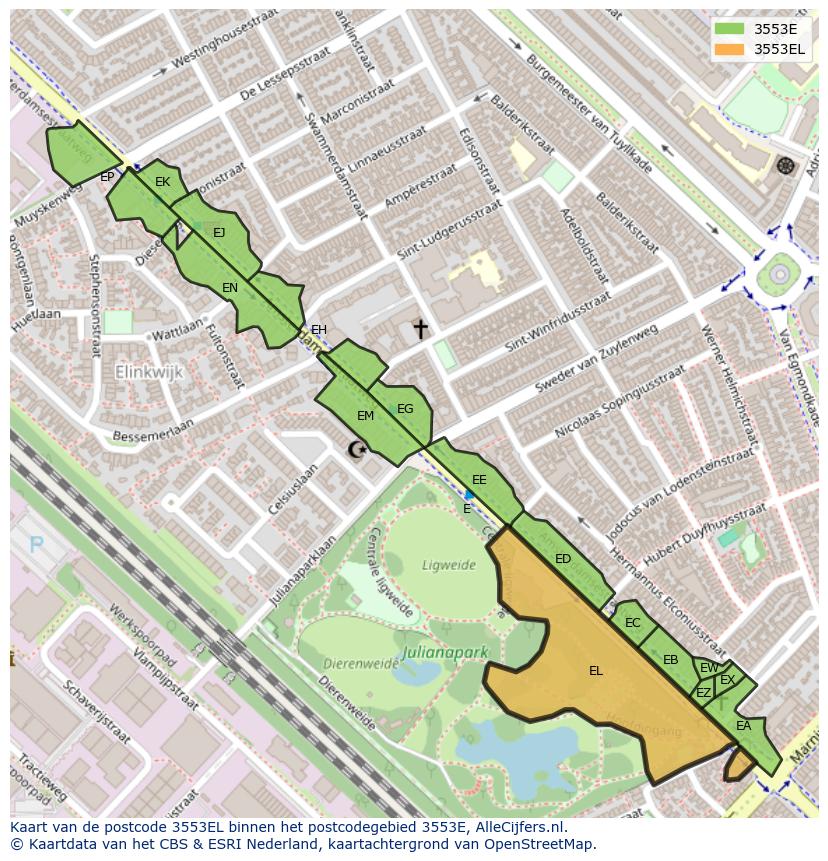 Afbeelding van het postcodegebied 3553 EL op de kaart.