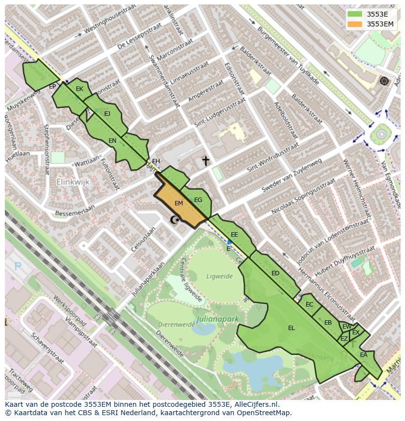 Afbeelding van het postcodegebied 3553 EM op de kaart.