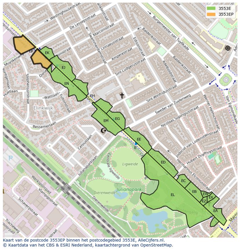 Afbeelding van het postcodegebied 3553 EP op de kaart.
