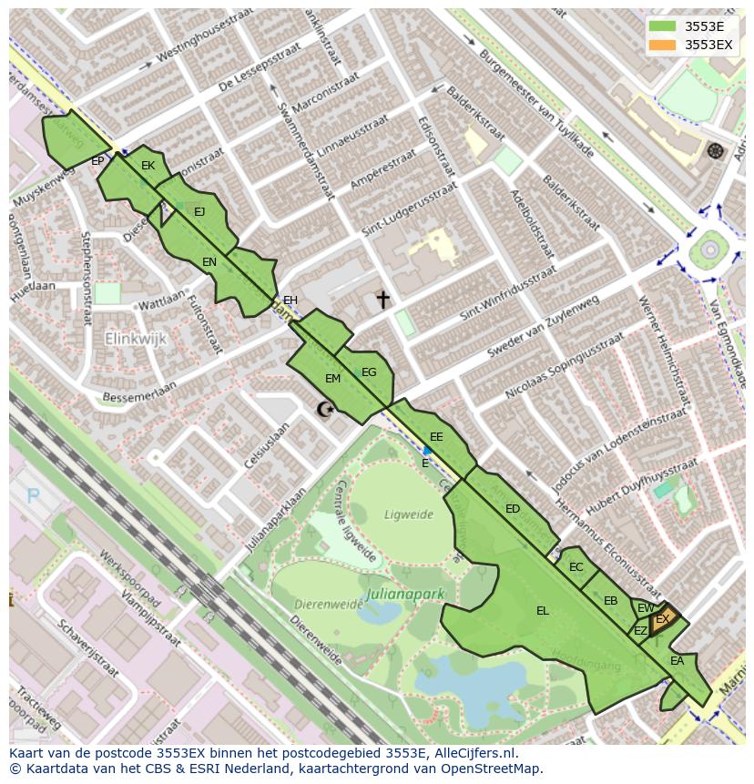 Afbeelding van het postcodegebied 3553 EX op de kaart.