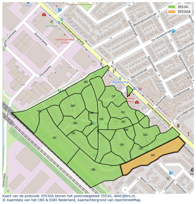 Afbeelding van het postcodegebied 3553 GA op de kaart.