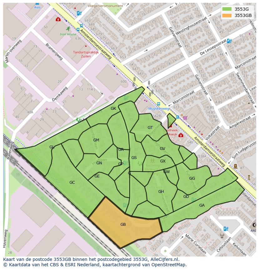 Afbeelding van het postcodegebied 3553 GB op de kaart.