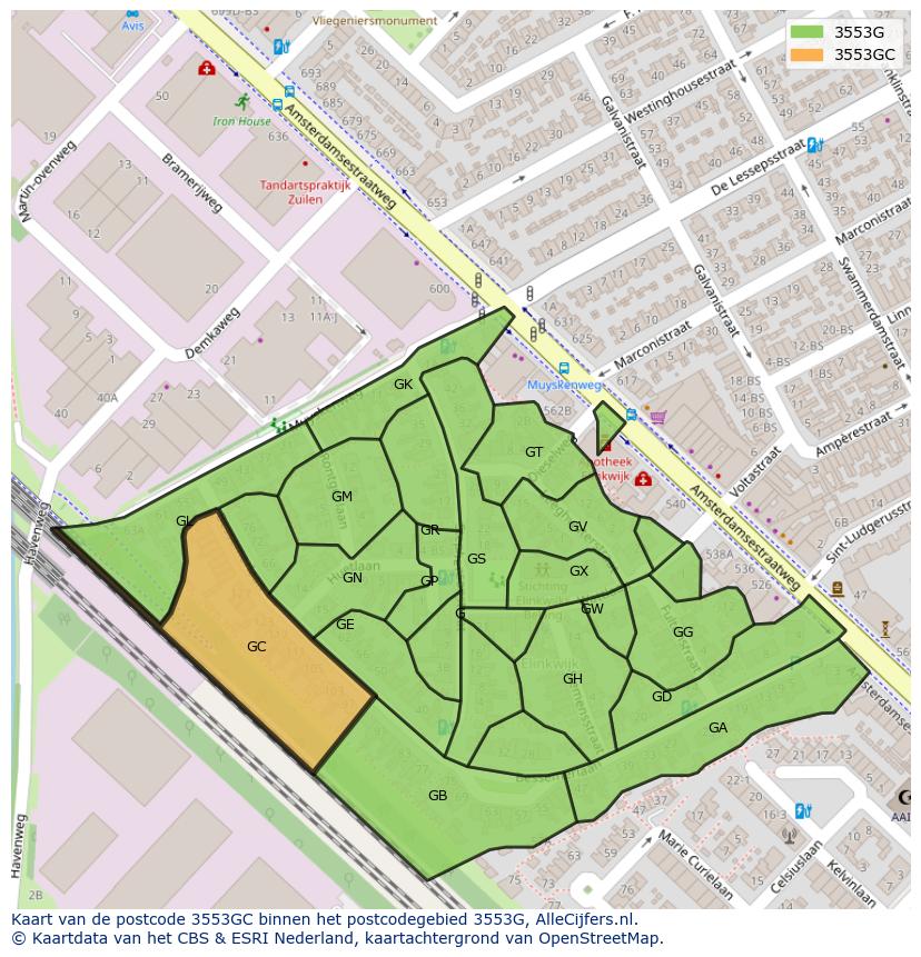 Afbeelding van het postcodegebied 3553 GC op de kaart.