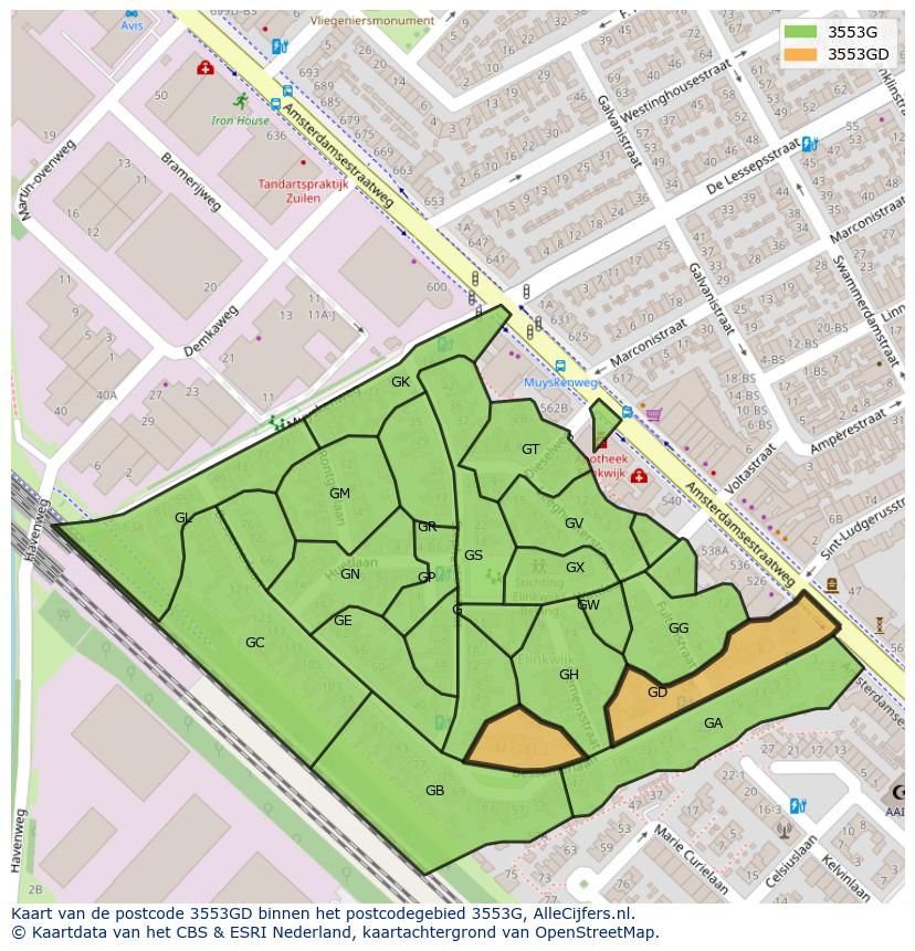 Afbeelding van het postcodegebied 3553 GD op de kaart.