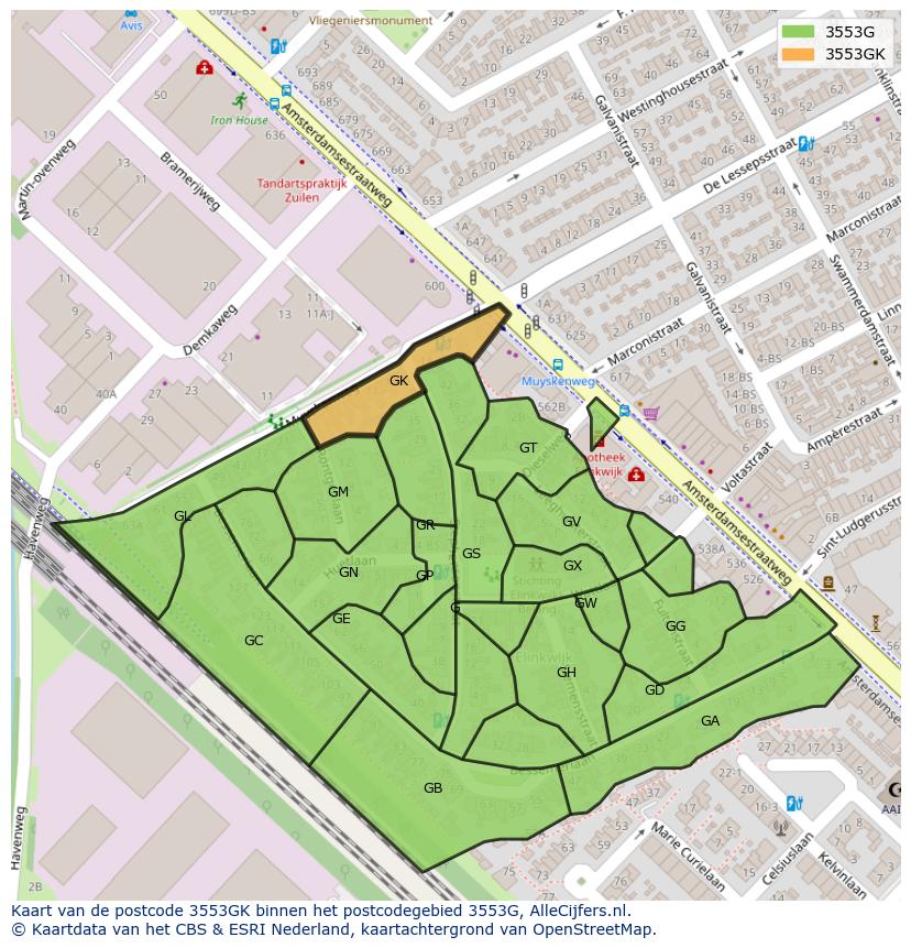 Afbeelding van het postcodegebied 3553 GK op de kaart.