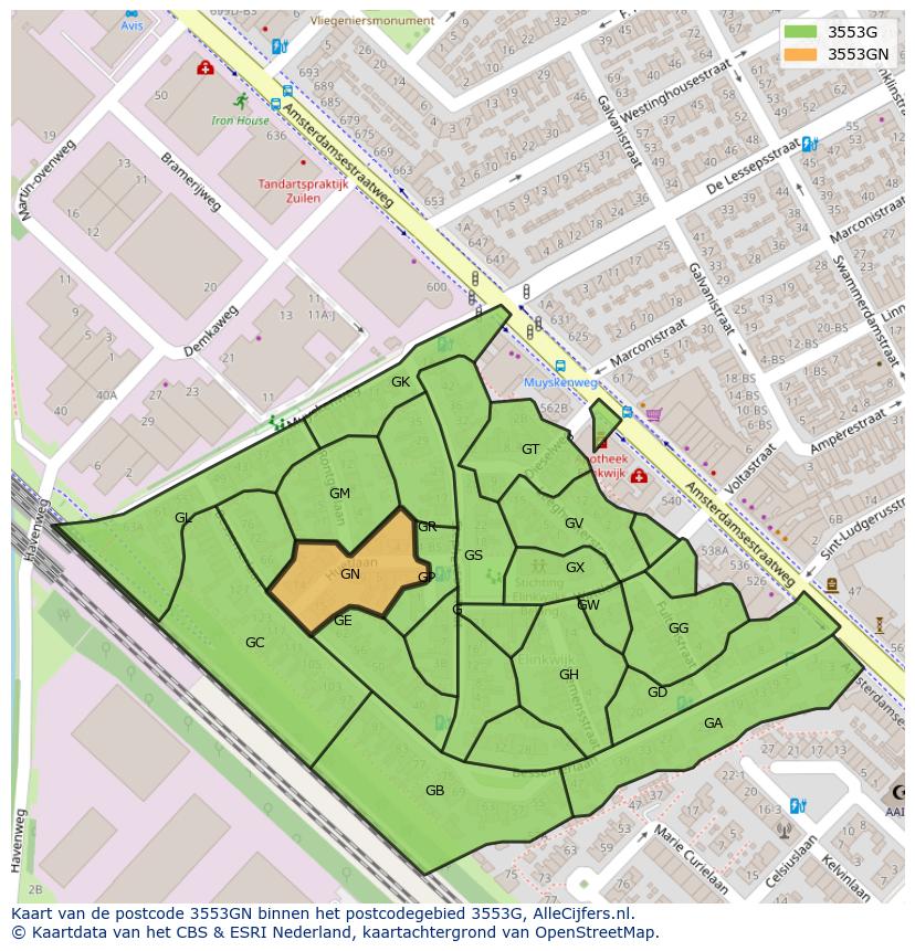 Afbeelding van het postcodegebied 3553 GN op de kaart.