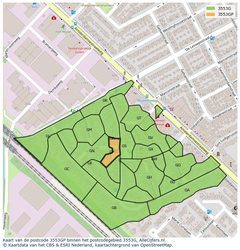 Afbeelding van het postcodegebied 3553 GP op de kaart.