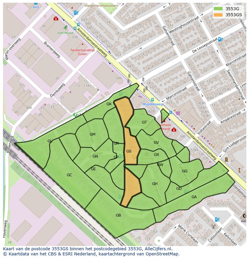 Afbeelding van het postcodegebied 3553 GS op de kaart.