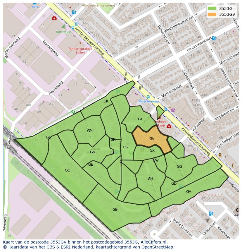Afbeelding van het postcodegebied 3553 GV op de kaart.