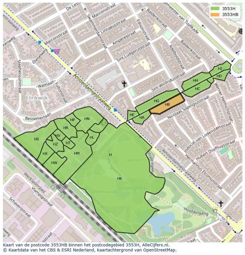 Afbeelding van het postcodegebied 3553 HB op de kaart.