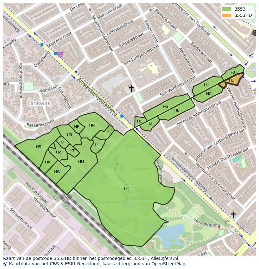 Afbeelding van het postcodegebied 3553 HD op de kaart.