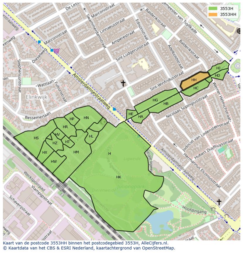 Afbeelding van het postcodegebied 3553 HH op de kaart.