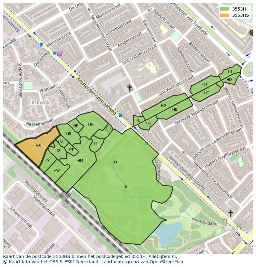 Afbeelding van het postcodegebied 3553 HS op de kaart.