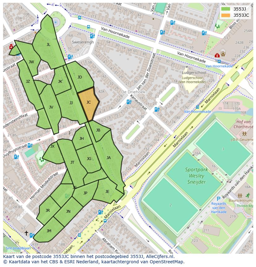 Afbeelding van het postcodegebied 3553 JC op de kaart.