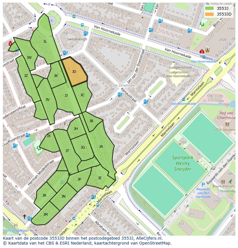 Afbeelding van het postcodegebied 3553 JD op de kaart.