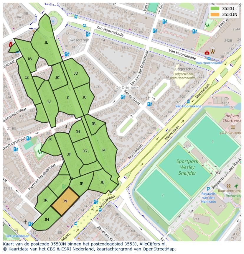 Afbeelding van het postcodegebied 3553 JN op de kaart.