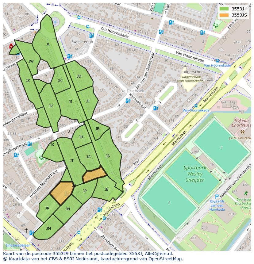Afbeelding van het postcodegebied 3553 JS op de kaart.