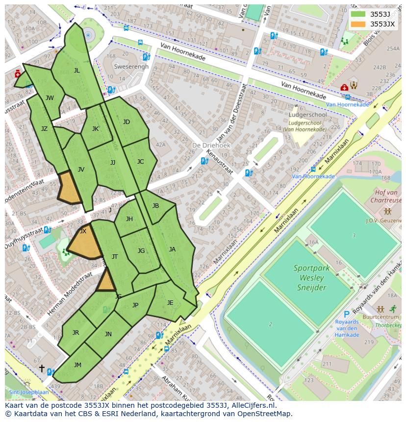 Afbeelding van het postcodegebied 3553 JX op de kaart.