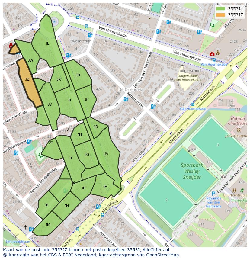 Afbeelding van het postcodegebied 3553 JZ op de kaart.