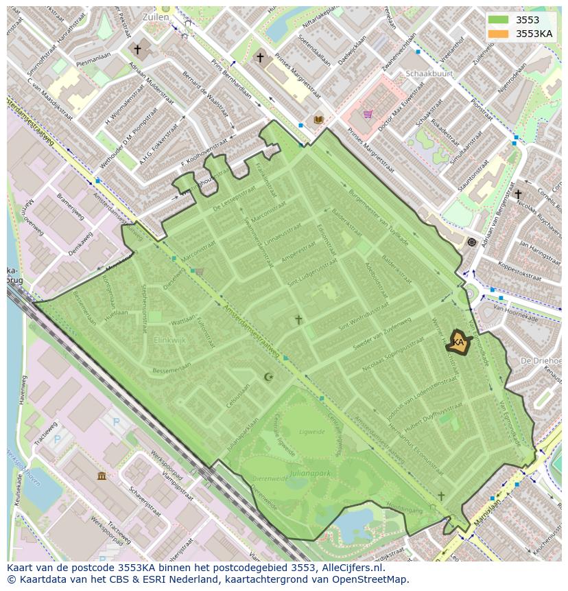 Afbeelding van het postcodegebied 3553 KA op de kaart.