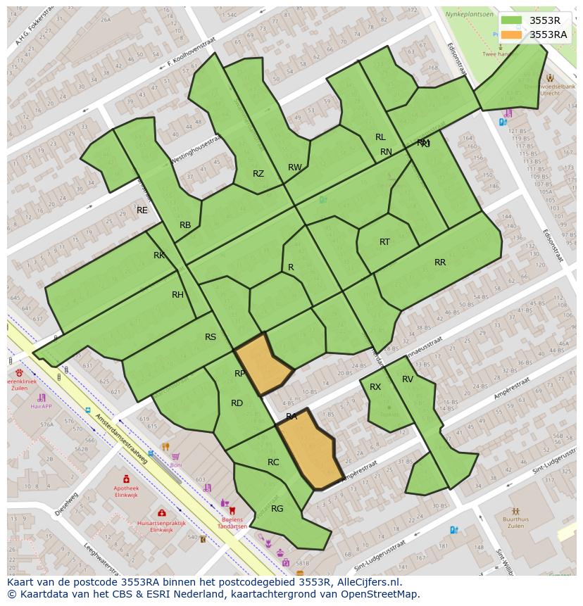 Afbeelding van het postcodegebied 3553 RA op de kaart.