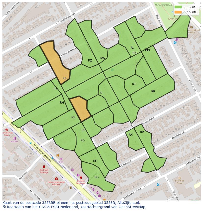 Afbeelding van het postcodegebied 3553 RB op de kaart.