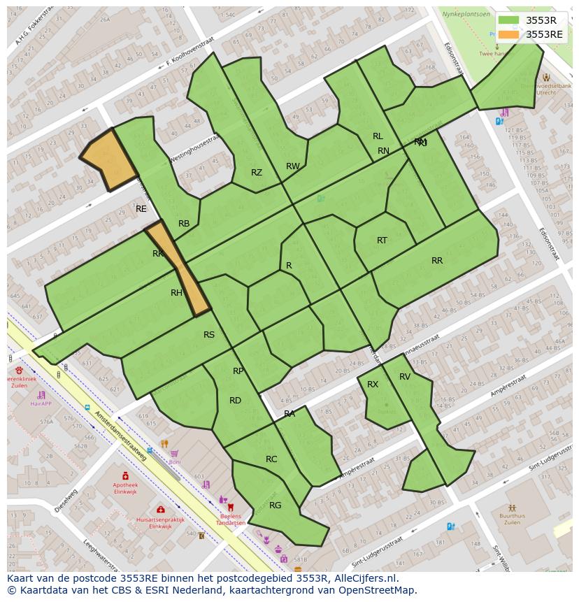 Afbeelding van het postcodegebied 3553 RE op de kaart.