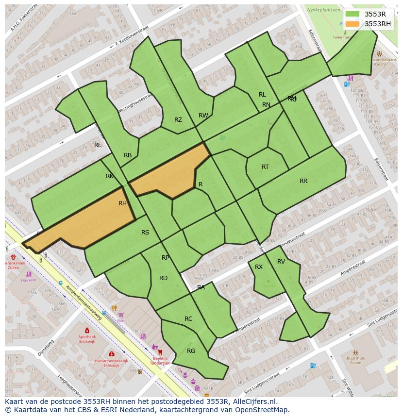 Afbeelding van het postcodegebied 3553 RH op de kaart.