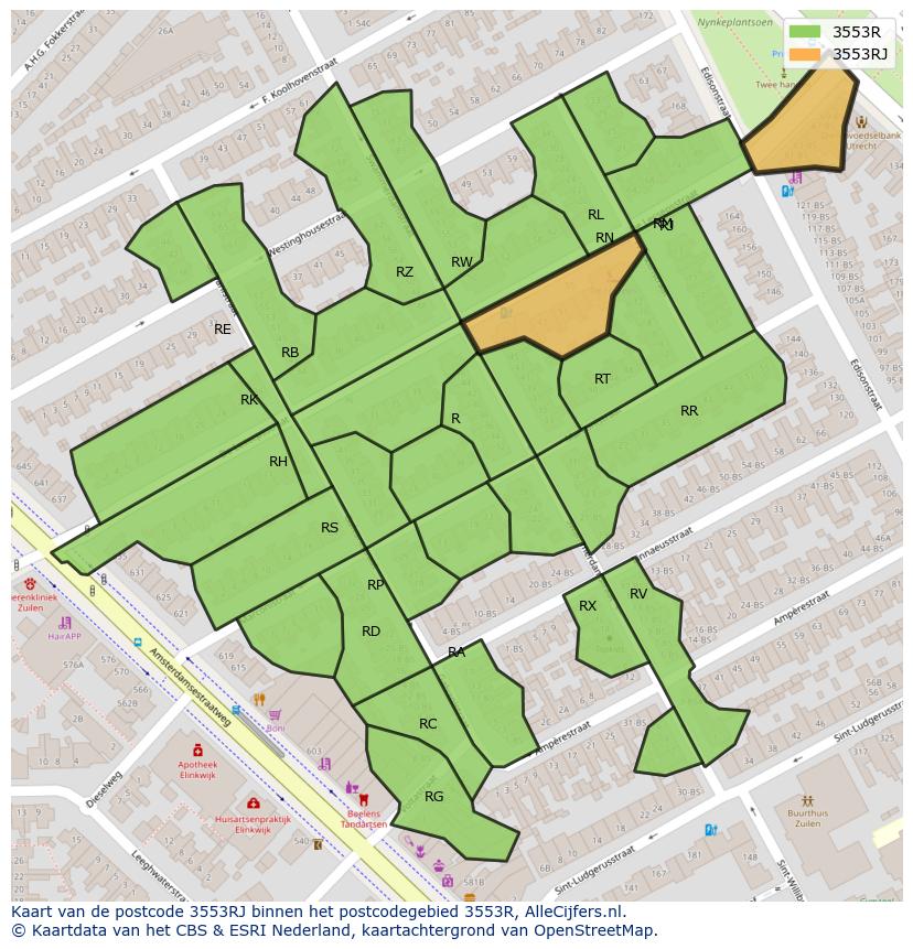Afbeelding van het postcodegebied 3553 RJ op de kaart.