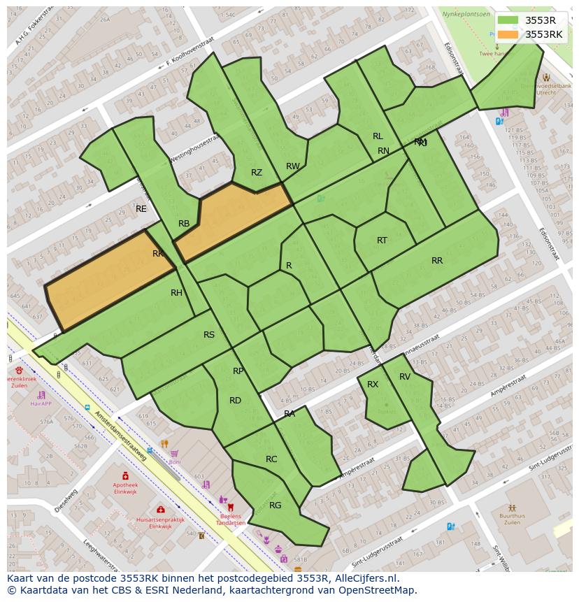 Afbeelding van het postcodegebied 3553 RK op de kaart.