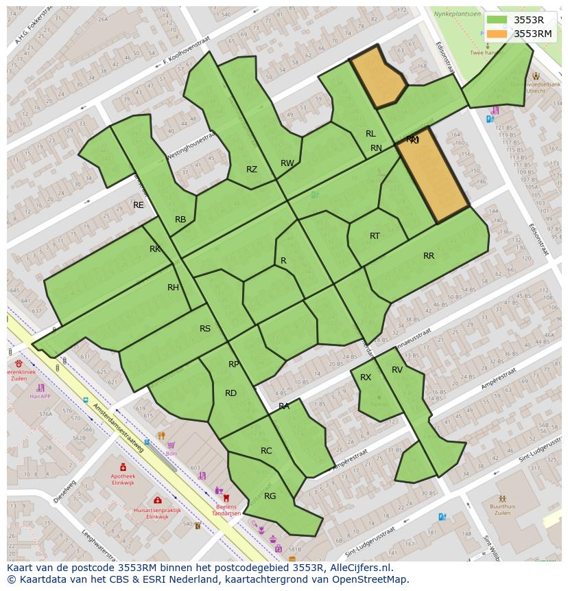 Afbeelding van het postcodegebied 3553 RM op de kaart.
